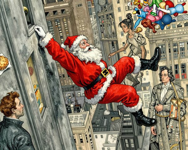 Santa Claus Hanging from a Tall Building Window