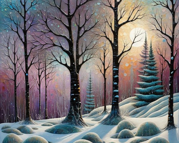 Serene Winter Landscape with Colorful Sunset and Snow