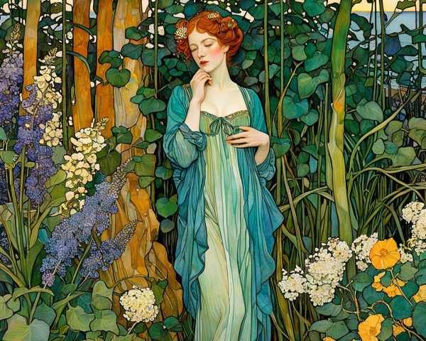 Serene Woman in Nature with Flowers and Greenery