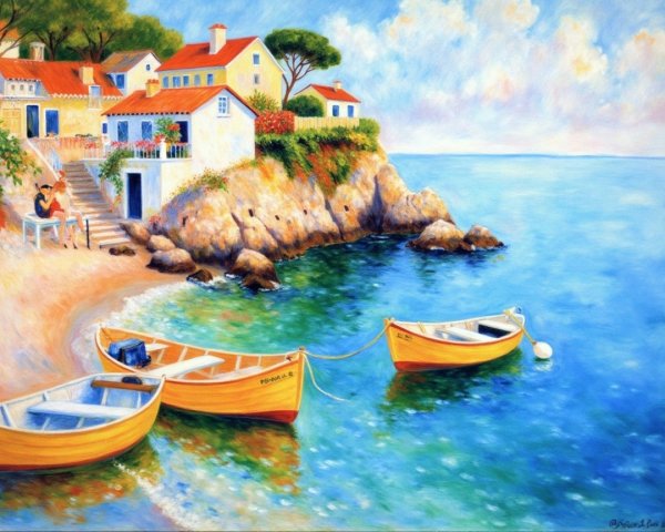 Coastal Scene with Houses, Boats, and Serene Nature
