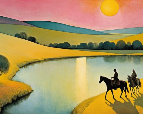 Horseback Riders on a Golden Shore at Sunset