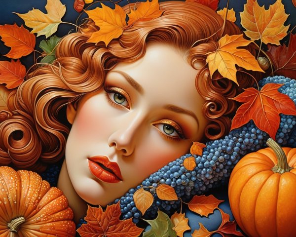 Woman with Red Curls Surrounded by Autumn Leaves