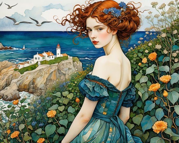 Young Woman in Blue Dress by Rocky Coastline