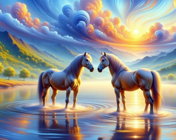 White Horses in Serene Lake at Sunset