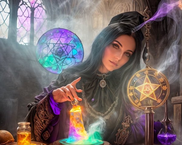 Sorceress in Gothic Chamber with Vibrant Potions