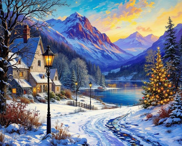 Vibrant Digital Art of Snowy Mountain Village Landscape