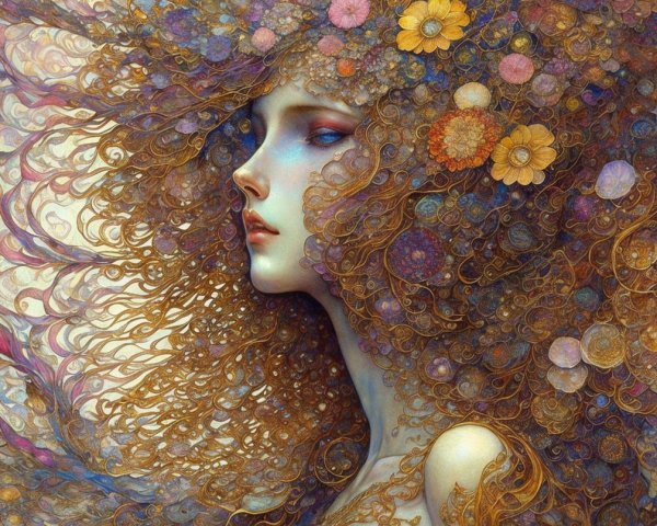 Portrait of a woman with floral hair and serene beauty