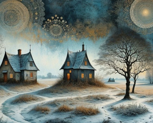 Serene winter landscape with charming homes and mandalas