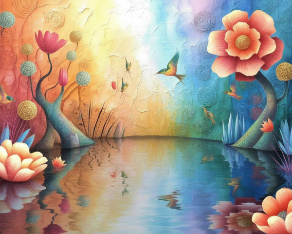 Surreal Landscape with Colorful Trees and Hummingbirds