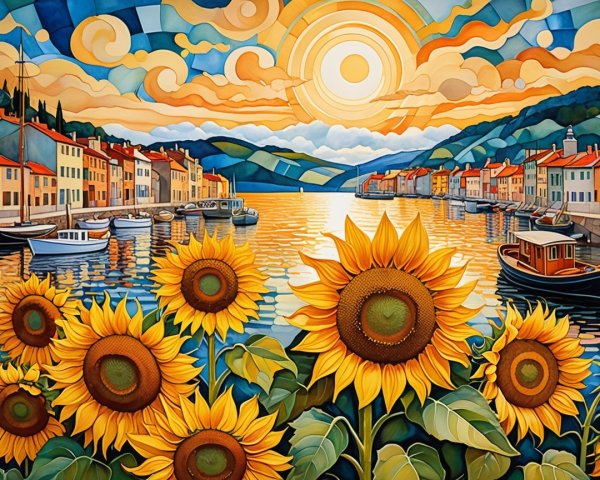 Vibrant Harbor Landscape with Colorful Houses and Sunflowers
