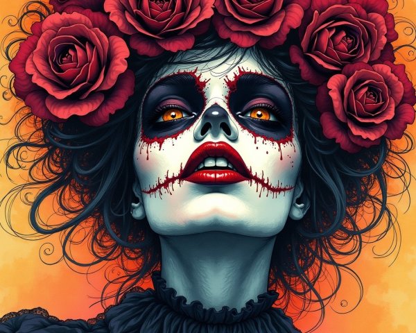 Woman with Skull Makeup and Red Roses in Hair