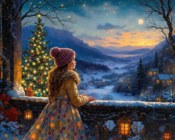 Young Girl in Winter Attire Overlooking Snowy Valley