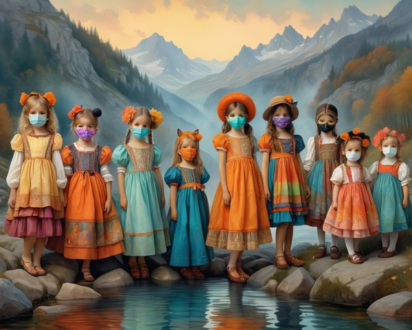 Young girls in vibrant dresses by a mountain stream