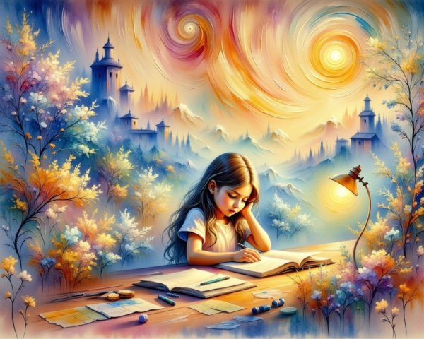 Young girl writing at a table in colorful landscape