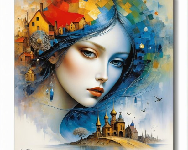 Ethereal Woman with Blue Hair in Whimsical Landscape