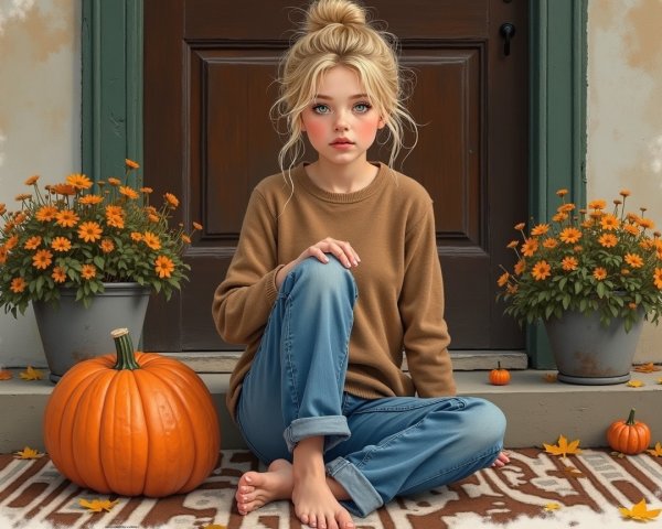 Young girl on porch with pumpkins and autumn decor