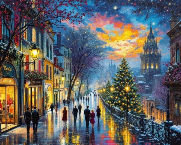 Festive Winter Street Scene with Christmas Decorations