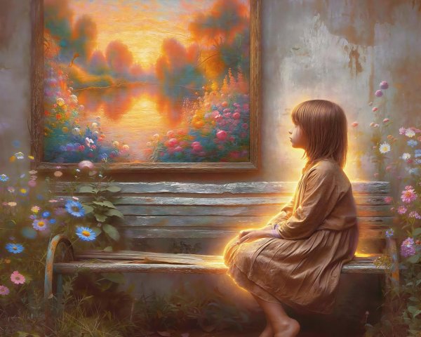 Ethereal girl on a bench near a magical sunset painting