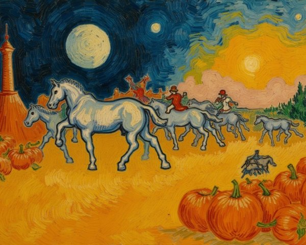 Vibrant Landscape with Horses and Autumn Pumpkins