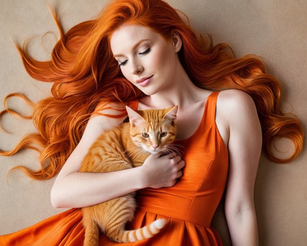 Serene Woman Cradling Orange Tabby Cat on Light Surface