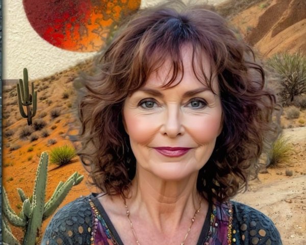 Woman with Curly Hair in Desert Landscape Scene