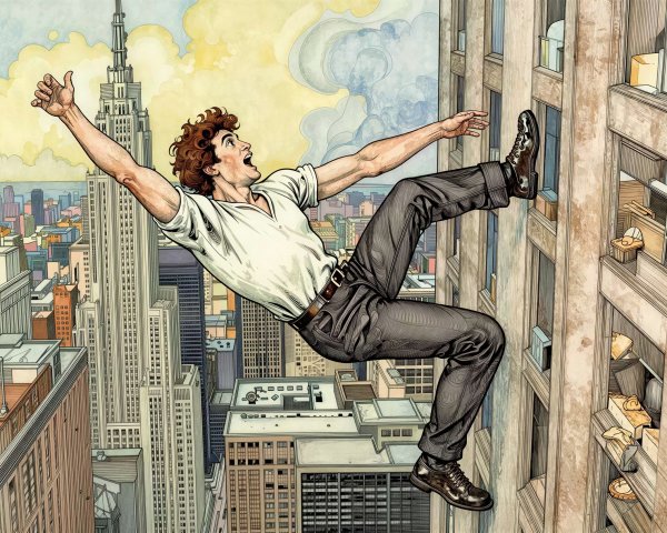 High-angle watercolor of a man falling in NYC skyline