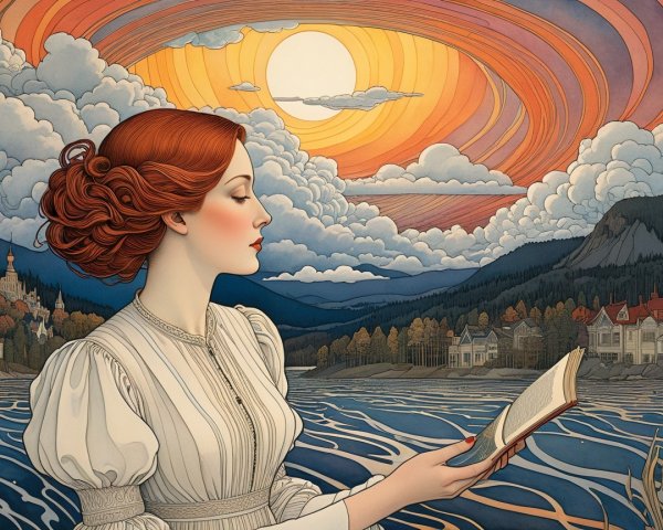 Woman Reading by a Tranquil Lake at Sunset