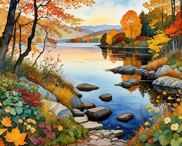 Autumn Landscape with Lake and Vibrant Foliage