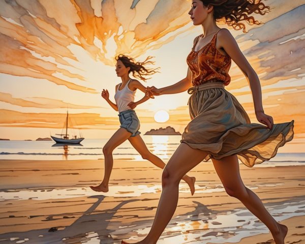 Women Running on Beach at Sunset with Sailboat