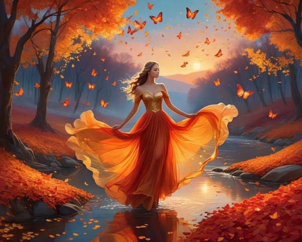 Serene Autumn Scene with Woman in Orange Gown