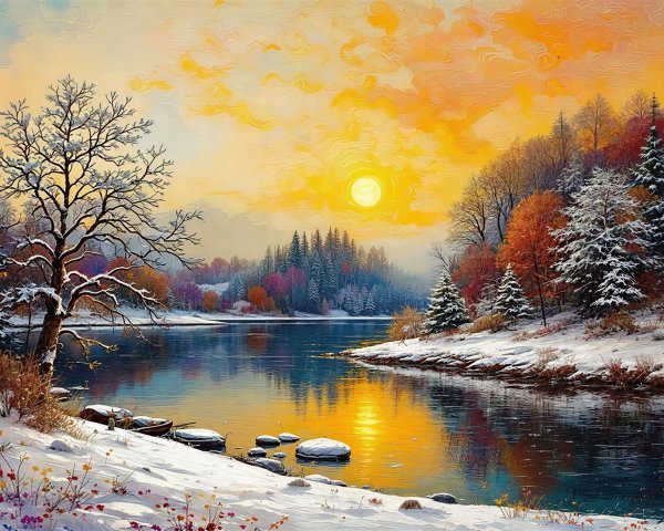Winter Landscape with River and Colorful Trees