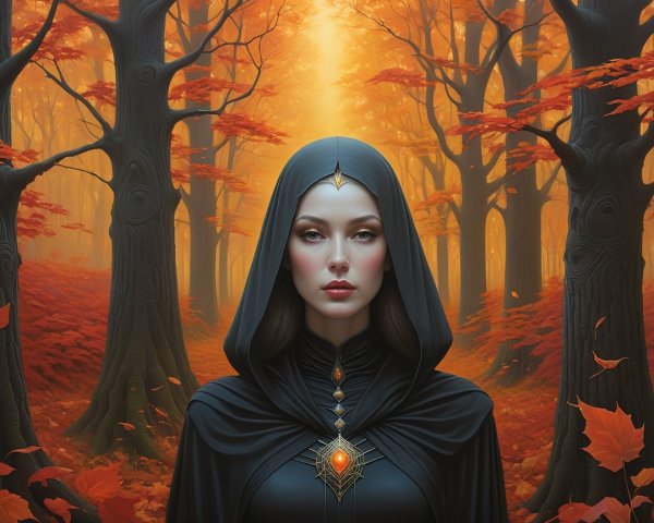 Mystical Forest Scene with Hooded Figure and Gemstone