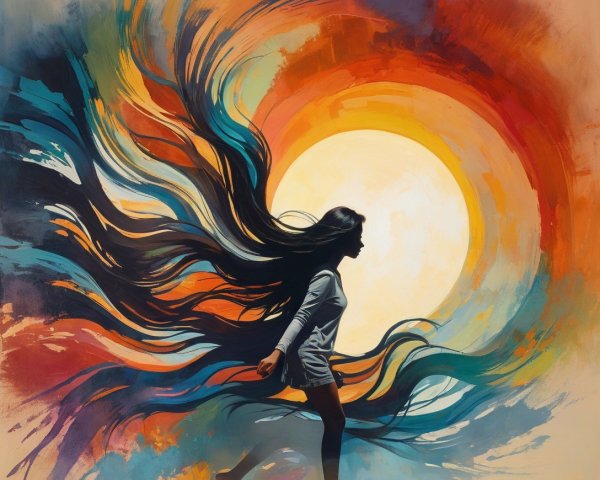 Silhouette of Woman with Colorful Hair Against Sun