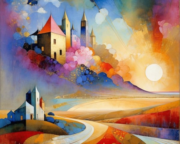 Vibrant Abstract Landscape with Dreamlike Castles