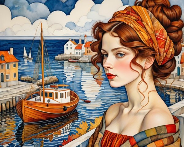 Serene Coastal Scene with Young Woman and Harbor
