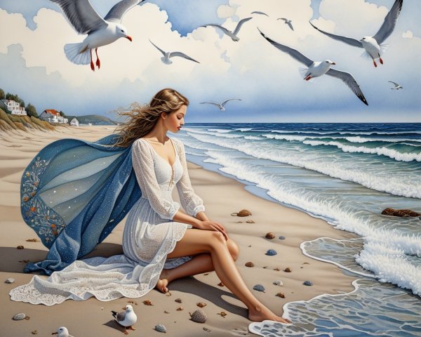 Serene Beach Scene with Woman in White Dress