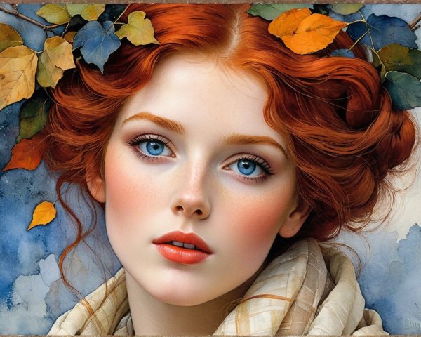 Portrait of a Young Woman with Red Hair and Leaves