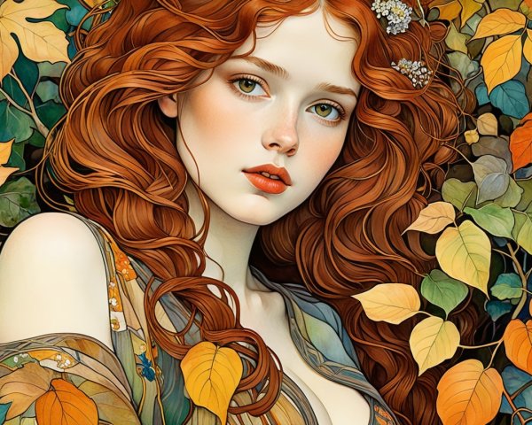 Young woman with red hair in autumn leaves setting