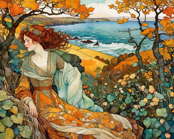 Serene Woman in Gown Surrounded by Autumn Foliage