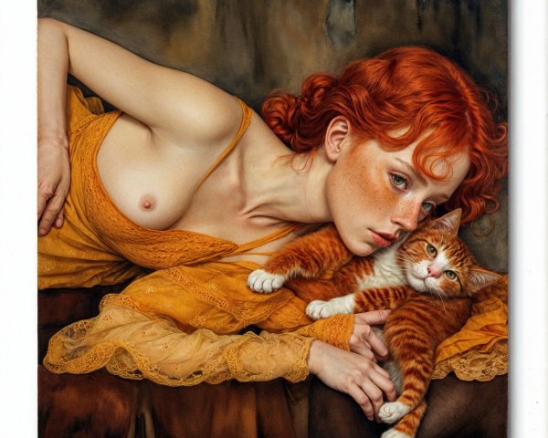 Woman with Red Hair and Cat in Soft Lighting