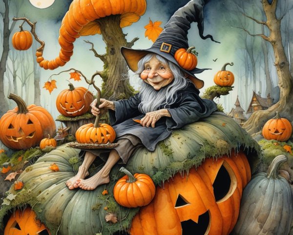 Elderly Witch on Pumpkin in Misty Forest Scene
