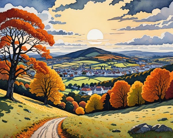 Sunset Landscape with Rolling Hills and Autumn Trees