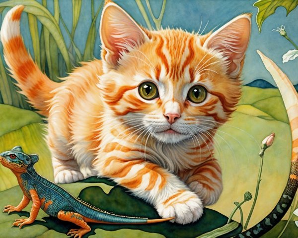 Orange Tabby Kitten Explores Lush Green Background