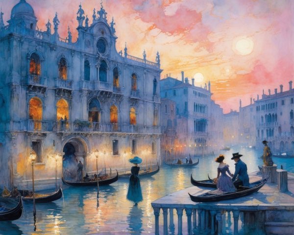 Watercolor Painting of Venice Canal at Sunset