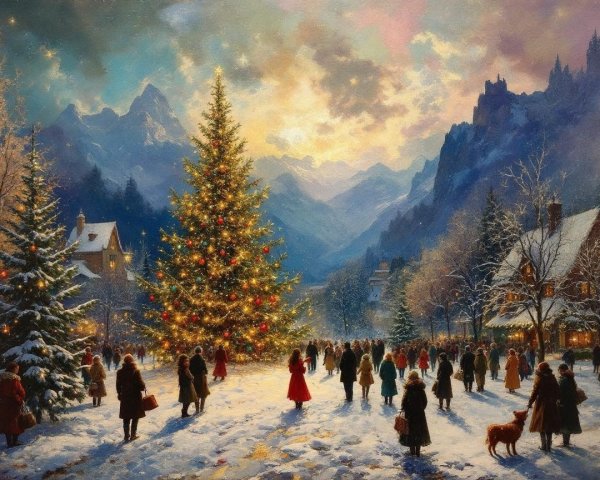 Winter Scene with Christmas Tree and Snowy Landscape