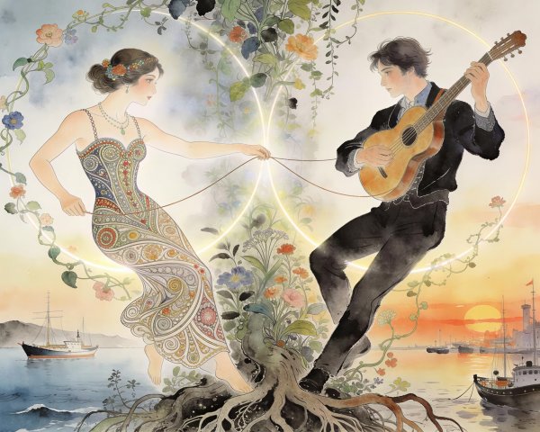 Surreal Watercolor of Couple in Dreamlike Landscape