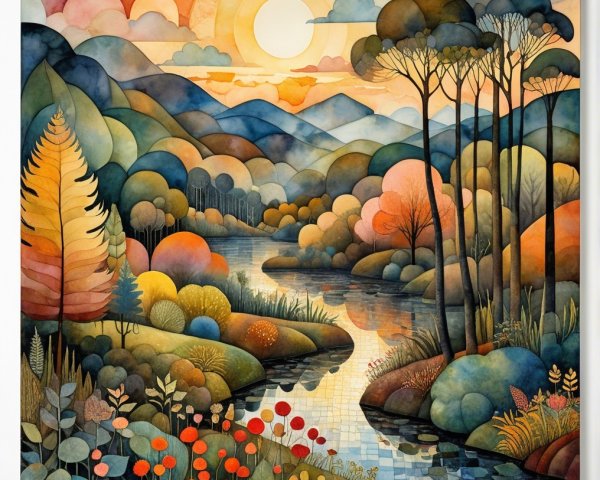 Serene Landscape with River and Sunset Hues