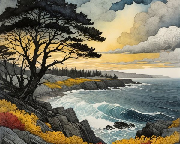 Dramatic Coastline with Cliffs and Vibrant Foliage