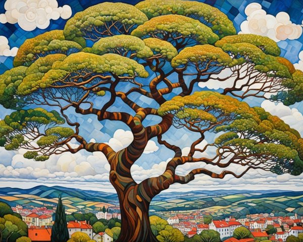 Vibrant Tree with Colorful Landscape and Sky