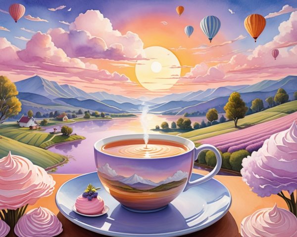 Serene Sunset Landscape with Coffee and Cupcakes